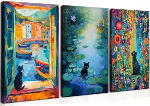 MUWAK Framed Funny Monet Black Cat Canvas Wall Art – Whimsical Matisse Cat by MUWAKWallArt