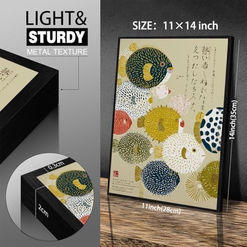 Black Framed Japanese Canvas Wall Art Vintage Puffer Fish Prints Posters - Image 2