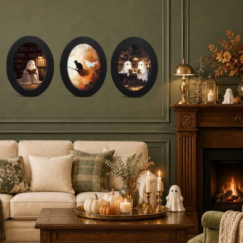 3Pcs Spooky Ghost Halloween Oval Wall Art Framed Black Cat Reading Decor - Image 4