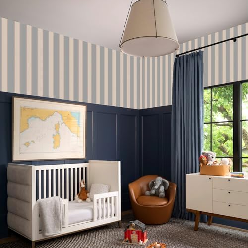 Blue and White Cream Striped Wallpaper Peel and Stick Self-Adhesive Removable - Image 2