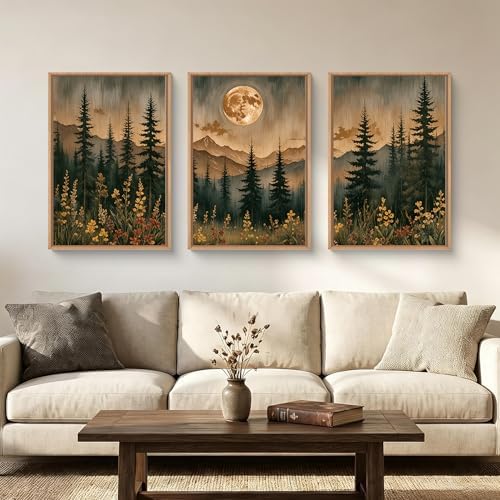 Vintage Moonlight Forest Mountain Framed Canvas Wall Art Set- 24"x36"x3 by HOURIA