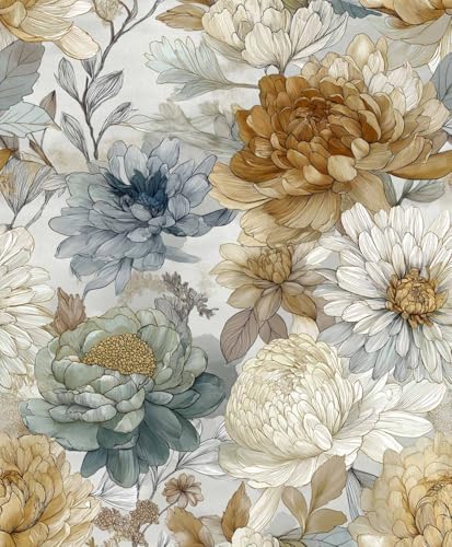 Vintage Floral Peel and Stick Wallpaper, Neutral Botanical Peony Wallpaper by Unknown
