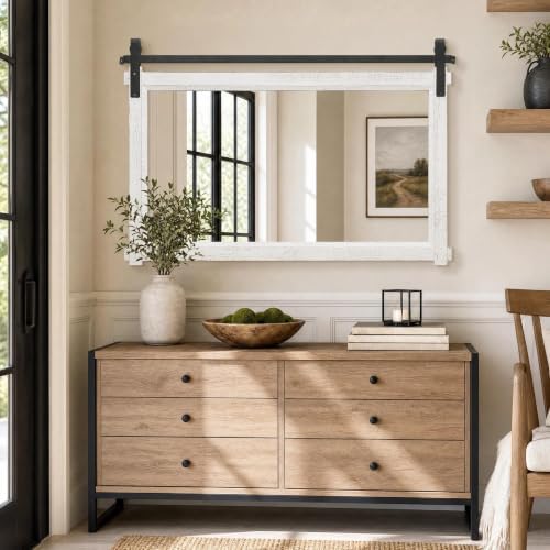 Besdomus Farmhouse Bathroom Vanity Mirror: 42"x28" White Rustic Barn Door - Image 5
