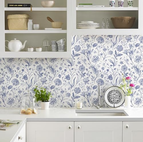 White and Blue Floral Peel and Stick Wallpaper Vintage 17in x 197in - Image 2