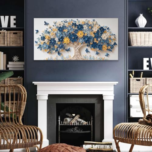 Blue Yellow Floral Tree Of Life Butterfly Canvas Wall Art Decor 24" X 48" - Image 5