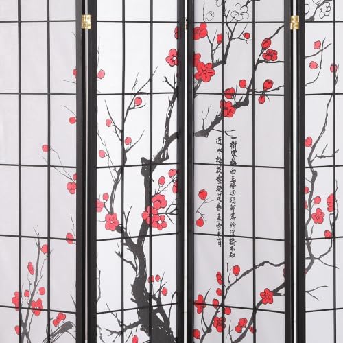 Roundhill Furniture Black Japanese 4-Panel Screen Room Divider, Plum Blossom - Image 6