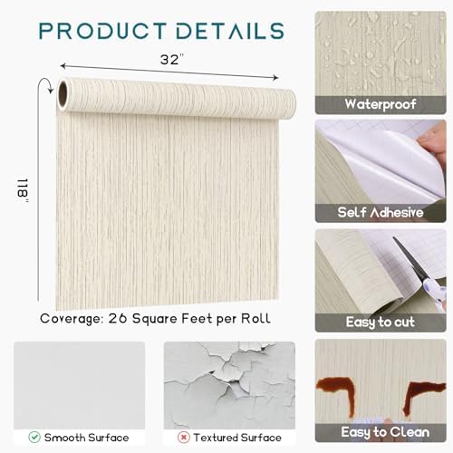 VEELIKE 32''x118'' Ecru White Grasscloth Wallpaper Textured Peel and Stick - Image 7
