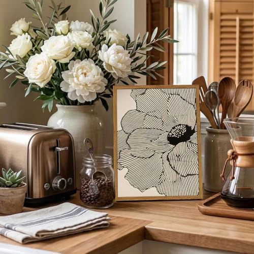 Framed Boho Floral Canvas Wall Art, Neutral Black Flower Pictures Wall Decor - Image 3