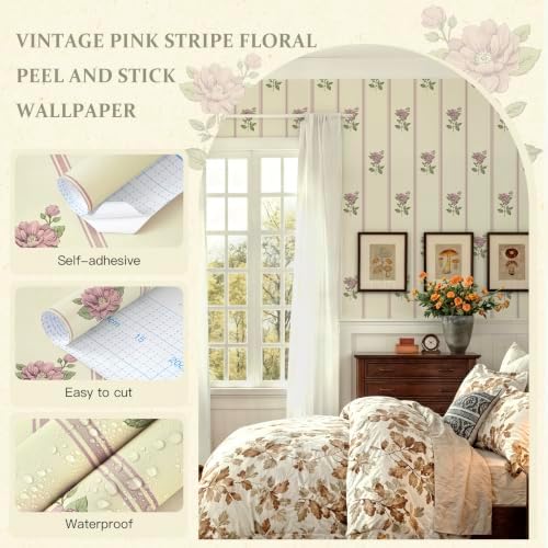 Guvana Peel and Stick Wallpaper Pink Stripe Wall Paper Floral Contact Paper - Image 5