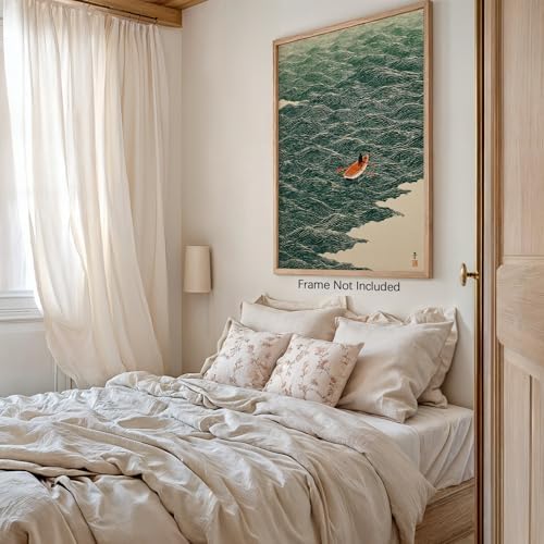 Vintage Japanese Canvas Wall Art Emerald Green Boat At Sea Posters Minimalist - Image 4