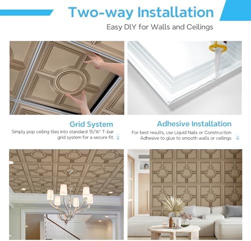 STICKGOO PVC Ceiling Tiles, Antique Gold Decorative Drop Ceiling Tiles 24 x 24in - Image 4