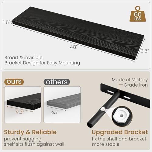 Fun Memories 48 Inch Floating Shelves in Black, 9.3 Inch Deep Wall Shelves - Image 3