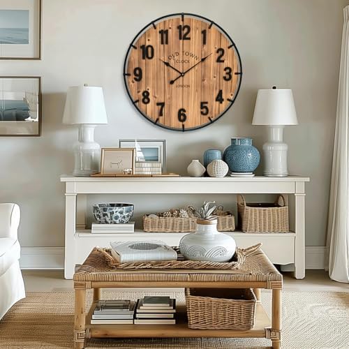 24 Inch Farmhouse Wall Clock Large Old Town Vintage Rustic Wooden Clock - Image 2