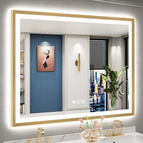 50x40 Gold Beveled LED Lighted Bathroom Mirror, Backlit & Front Lit by Awandee