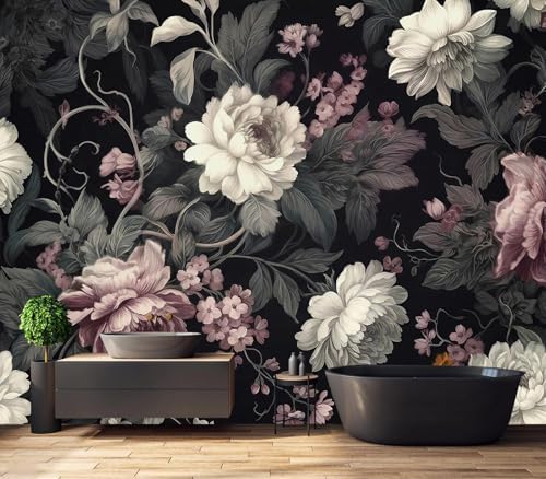 Elegant Dark Background Floral Peony Pattern Wallpaper - Image 4