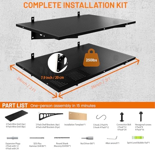 4-Pack 2x3ft Wall Storage Shelves, 1000 Lbs Garage Wall Shelf, Heavy Duty - Image 2