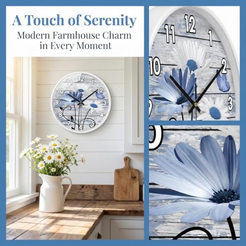 Rustic Wood Board Daisy Butterfly Blue and White wall clock Silent Non Ticking - Image 2