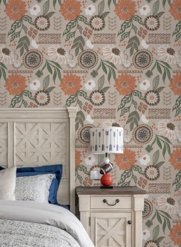 Simon&Siff Boho Sun Floral Retro Peel and Stick Wallpaper 17.3" x 80" - Image 2