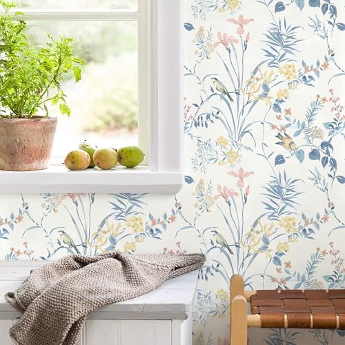 Erfoni Boho Floral Peel and Stick Wallpaper Blue Floral Birds Contact Paper - Image 3