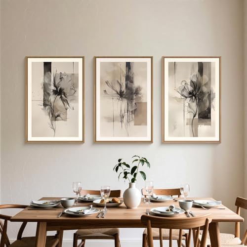 FWIEXA Black Beige Floral Canvas Wall Art Set 3, Neutral Abstract Framed Prints - Image 4
