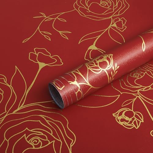 Safiyya 118"x17.3" Peel and Stick Wallpaper Red and Gold Contact Paper Floral by SAFIYYA
