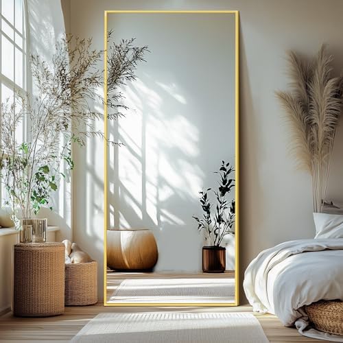 Delma Full Length Mirror with Stand, 75x35 Gold Floor Mirror by Delma