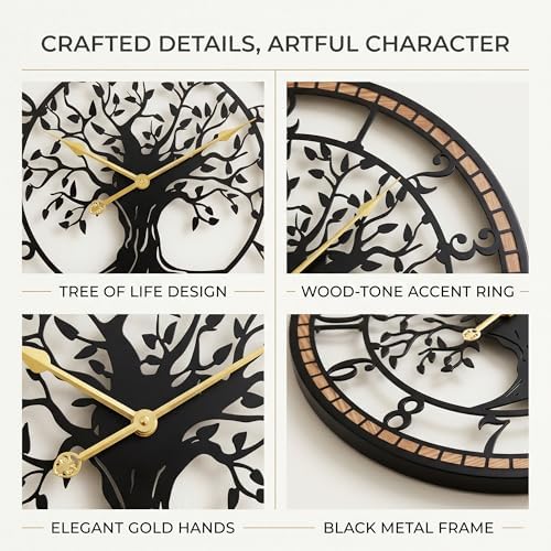 24" Tree of Life Wood and Metal Wall Clock, Rustic Decor - Image 4