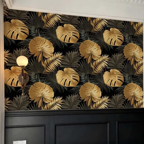 Black Gold Tropical Palm Monstera Leaf Peel and Stick Wallpaper Self Adhesive - Image 2