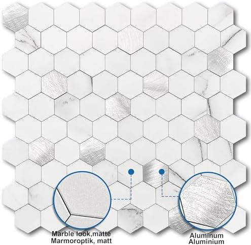Peel and Stick Backsplash Hexagon Marble Tiles White Silver 5pcs - Image 3