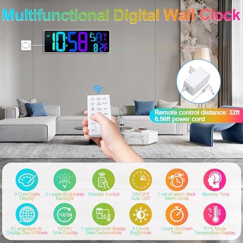 17.2" Large Digital Wall Clock 10 RGB Colors 9 Group Timer Remote Control - Image 2
