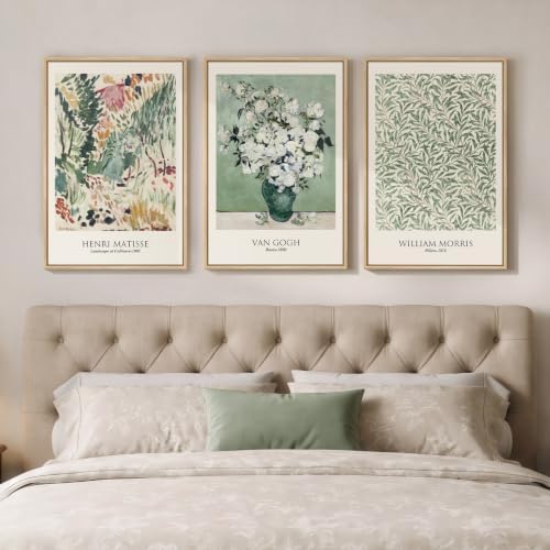 Framed Van Gogh Sage Green Botanical Canvas Wall Art Set of 3, 16x24 In by Cuspin