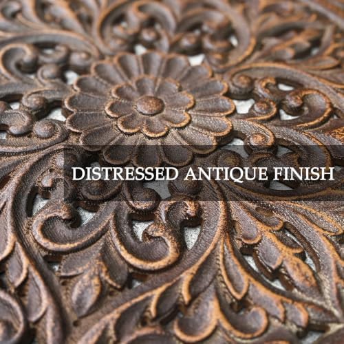 XIAOAIKA Boho Carved Wood Wall Art Panel, Floral Mandala, Distressed Brown - Image 4