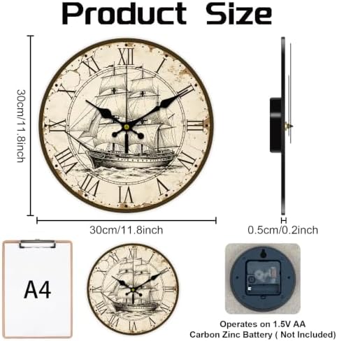 Vintage Sailboat Wall Clock Silent Non-Ticking 12" - Image 2
