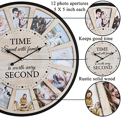 12 Picture Frames Collage Wall Clock, Vintage Rustic Family Photo Clock - Image 5