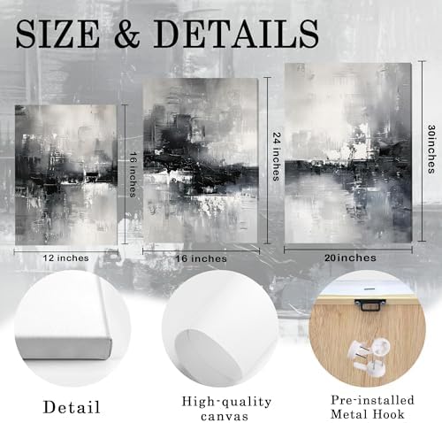 AVECCO Triptych Abstract Black White Gray Wrapped Canvas Wall Art 24x36 In - Image 6