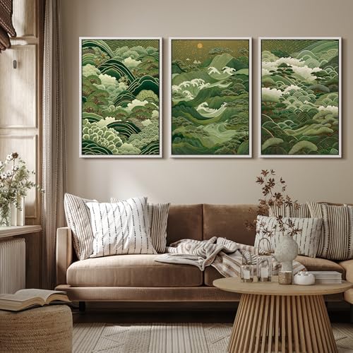 MUDECOR Framed Canvas Print Wall Art Japanese Forest Landscape Green Waves and - Image 4