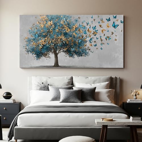 YISXINOAG Blue Gold Tree of Life Wall Art Butterfly Landscape Print 29"X58" - Image 2