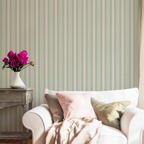 RollsRolla Modern Sage Green and White Stripe Peel and Stick Wallpaper - Image 3