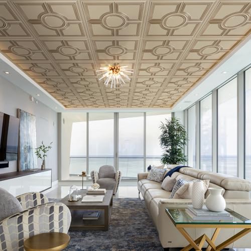STICKGOO PVC Ceiling Tiles, Antique Gold Decorative Drop Ceiling Tiles 24 x 24in - Image 2