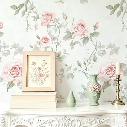 Floral Peel and Stick Wallpaper Pink Flower Wall Paper Vintage Botanical Green by Micpolo