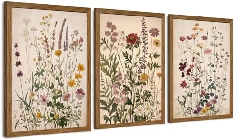 AVECCO 3 Piece Vintage Wildflower Botanical Framed Canvas Wall Art 16x24 in by Unknown