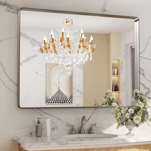 LOAAO 48X36 Inch Brushed Nickel Bathroom Mirror by LOAAO