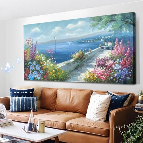 Arjun Blue Coastal Landscape Canvas Wall Art Extra Large Framed 58"x29" by Arjun
