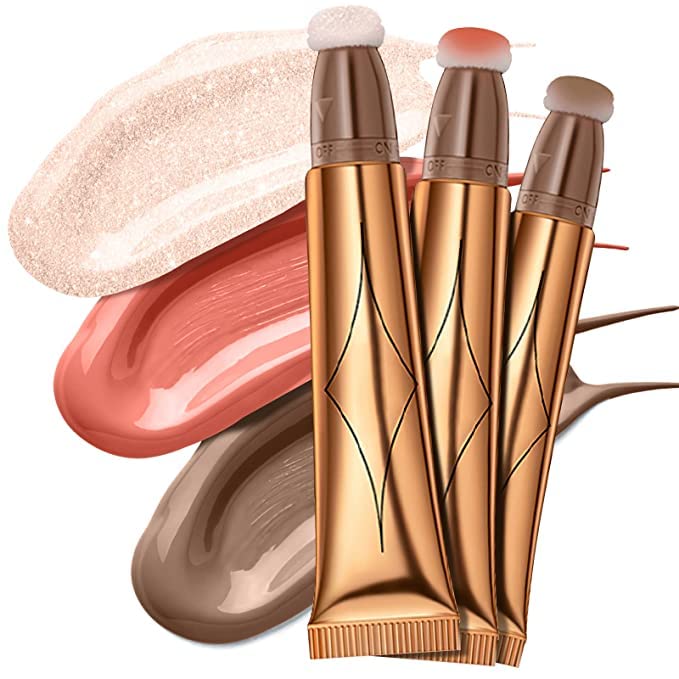 Blush Dreams Contour Beauty Wand, Liquid Face Concealer Contouring Stick with Cushion Applicator, Long Lasting Smooth Natural Matte Finish, Lightweight Blendable Super Silky Cream Contour Stick (Light Pink blush+Contour+Silver Highlighter)
