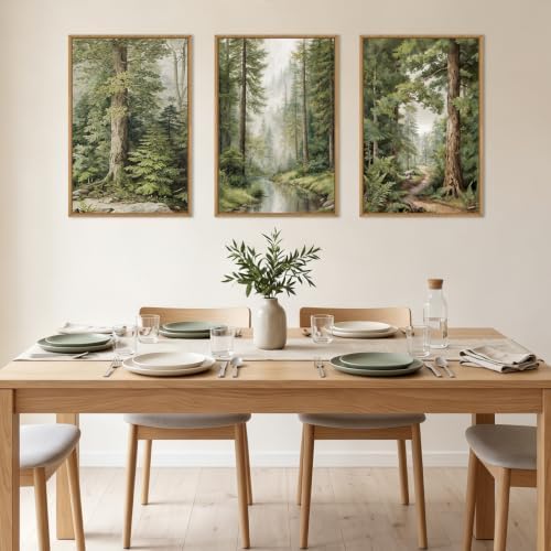 HLNIUC Green Misty Forest Framed Canvas Wall Art, Large Vintage Rainforest Path - Image 5