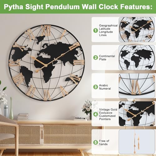 Pytha Sight 20 Inch Metal Large World Map Wall Clocks - Image 2