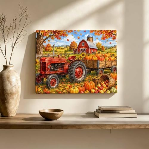 Fall Farmhouse Wall Art For Living Room Harvest Rural Orange Pumpkins Red Barn - Image 3