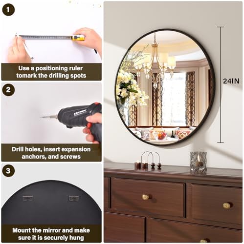 XRAMFY 24 Inch Round Mirror-Black Circle Mirrors - Image 6