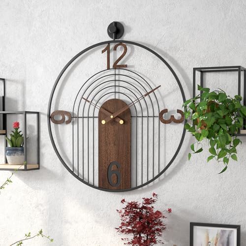 Modern Large Walnut Dial Wall Clock, Wood Metal Frame Silent Non Ticking Wall - Image 2