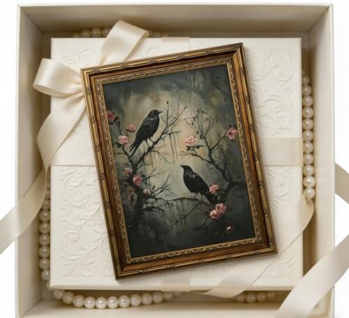Vintage Gold Framed Raven Canvas Wall Art Dark Academia Gothic Painting Picture - Image 3